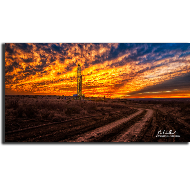 A lease road to the rig at sunset. Black Gold Road by Bob Callender