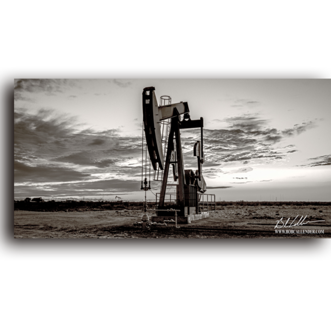 A black and white pump jack photo. Indian Skies Black and White