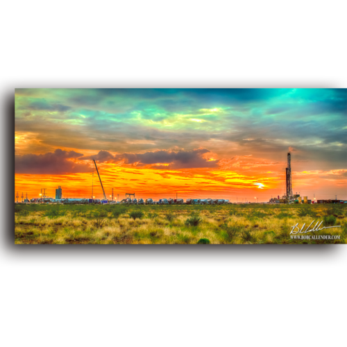 A fracking site on location at sunset full of busy people. Peace, Oil, and Energy by Bob Callender