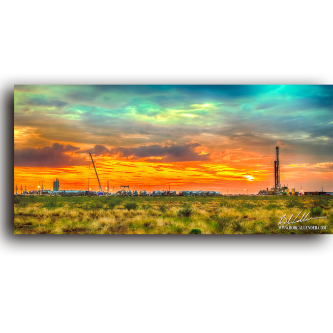 A fracking site on location at sunset full of busy people. Peace, Oil, and Energy by Bob Callender