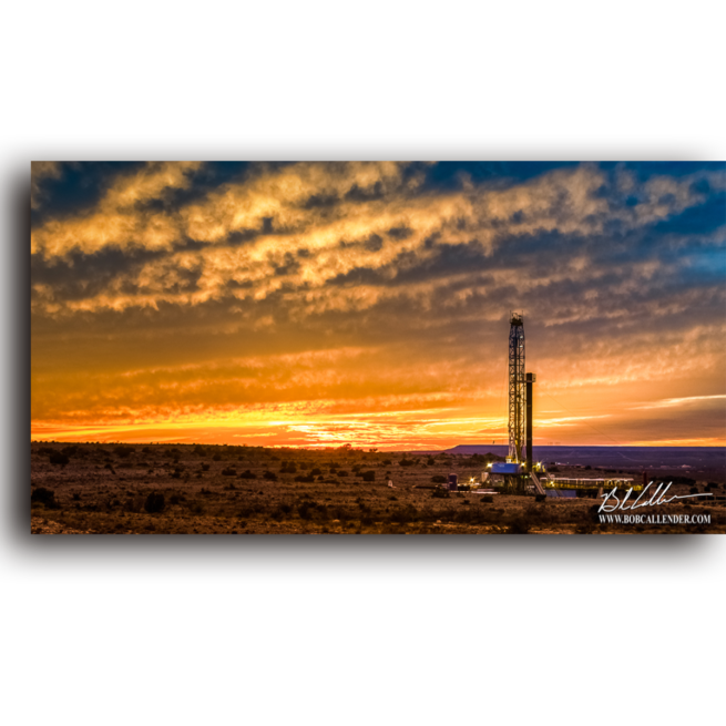 Rig on the mesa at sunset creates a beautiful image in Purple Mesa by Bob Callender