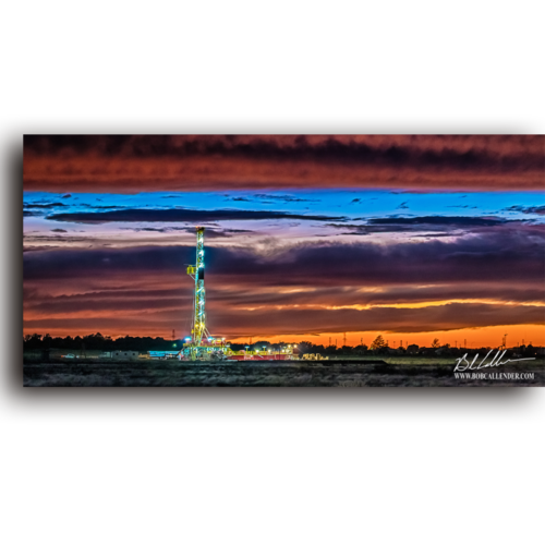 Colorful layered clouds on location surround the rig. Rolling Clouds of Evening by Bob Callender