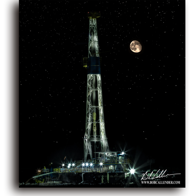 This Driling Rig and Cratered Moon against the night sky. Tranquility by Bob Callender