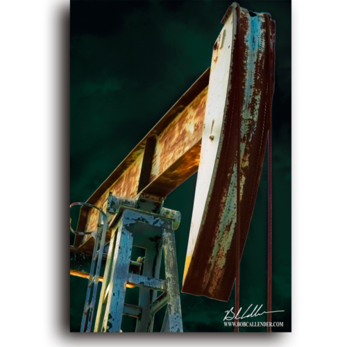 A retro pumpjack image against a black background. Pumping Retro by Bob Callender